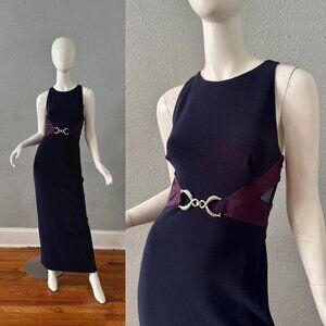 Vintage 90s Navy Blue Mesh Bandage Maxi Formal Dress XS